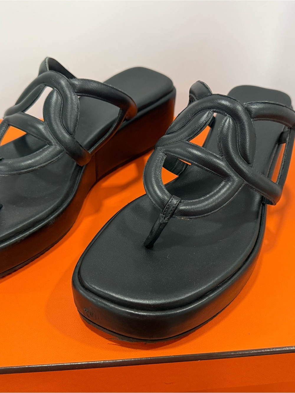 Women’s Hermes Gipsy Black Leather Strappy Platform Sandals